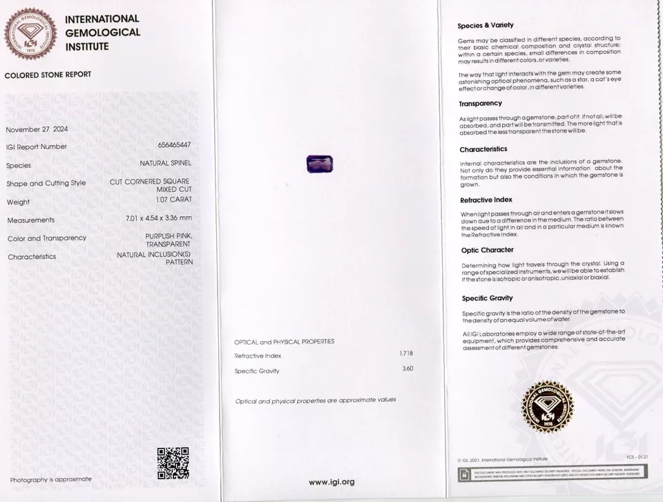 IGI Certified 1.29 carat Rare Natural Purple Pink Faceted Spinel Emerald Cut - Image 5